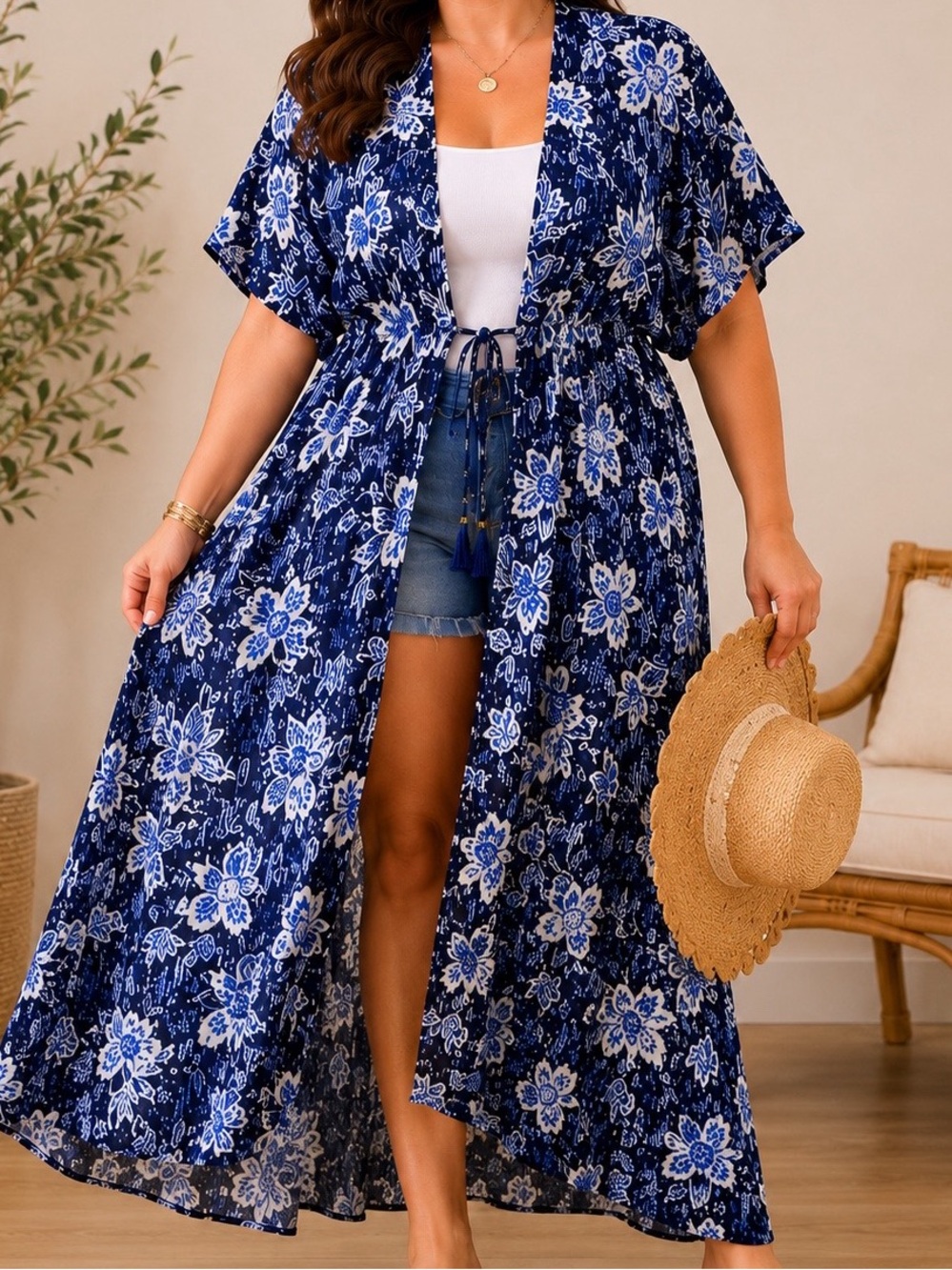 Torrid Indigo Floral Tie Waist Kimono Cover Up NWT Size 1/2 Plus